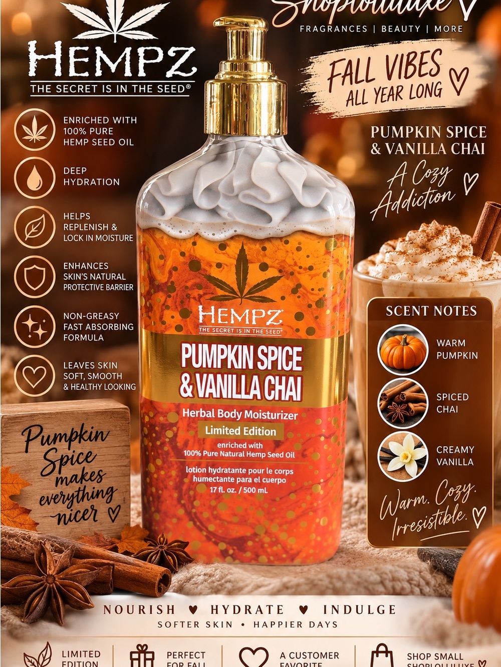 Hempz Pumpkin Spice & Vanilla Chai Body Moisturizer - Orange, Gold, White